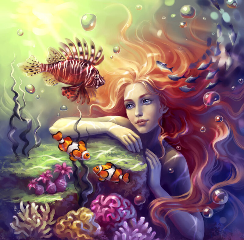 Mermaid with Fish — Purple, Serene, Afternoon