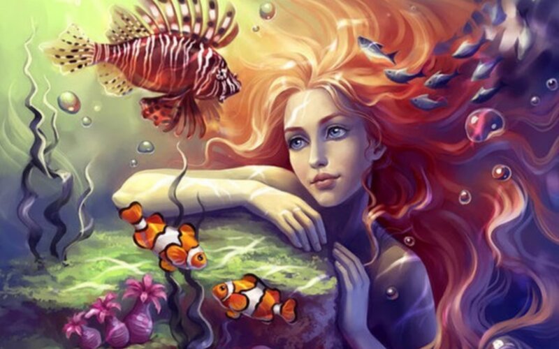 Mermaid with Fish — Red, Serene
