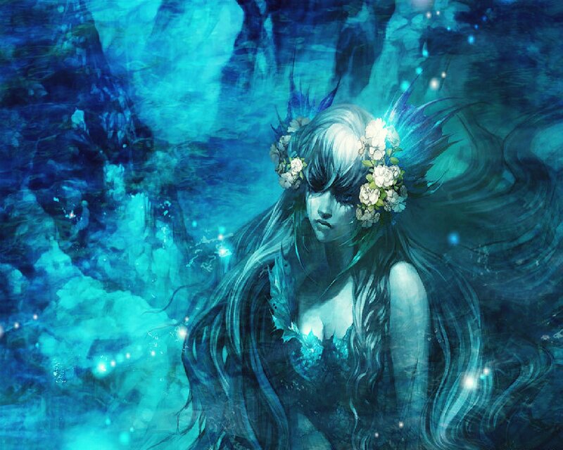 Mermaid with Flowers — Blue
