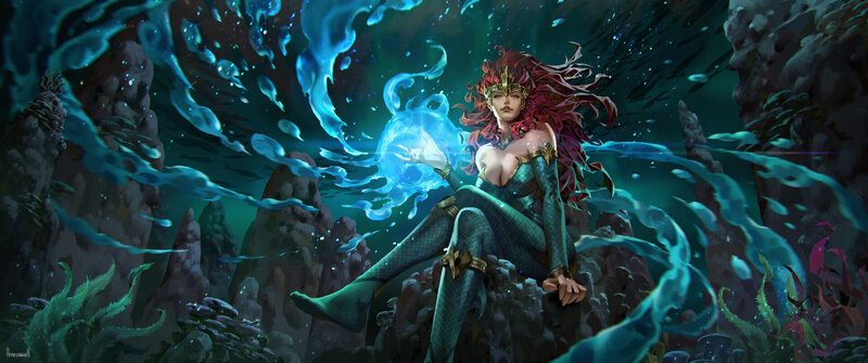 Mermaid with Glowing Orb — Blue, Dramatic