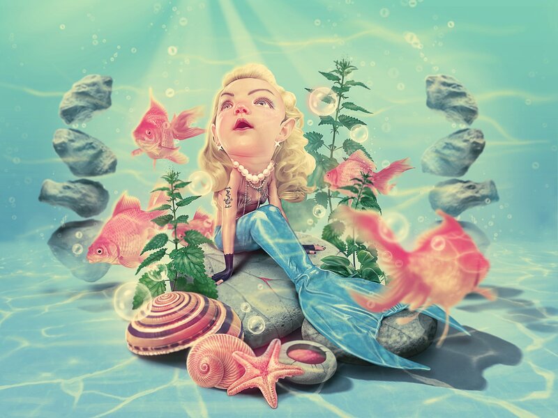 Mermaid with Goldfish — Blue, Dreamy