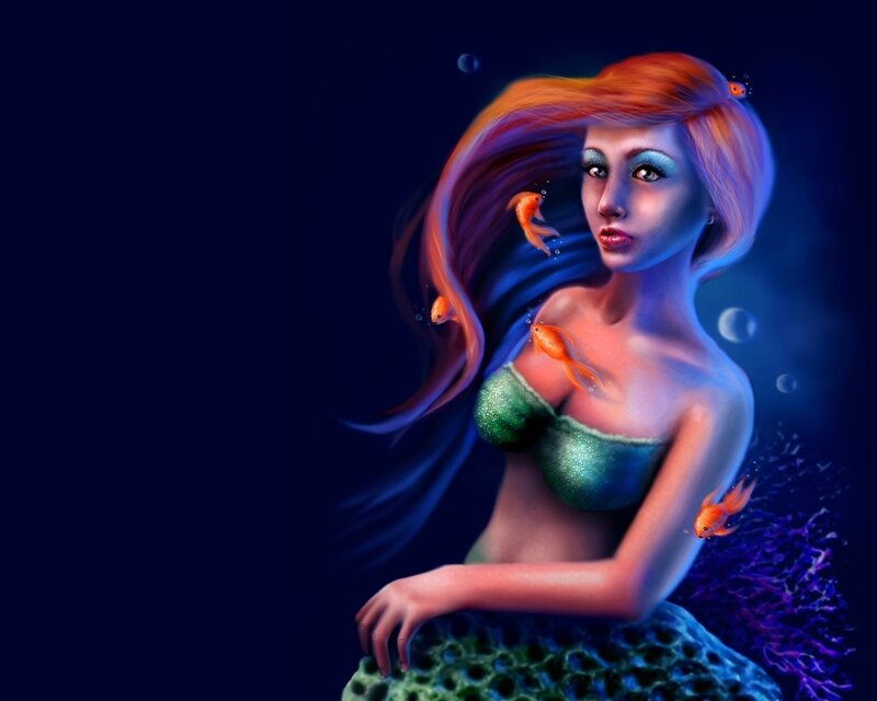 Mermaid with Goldfish — Blue, Serene, Night