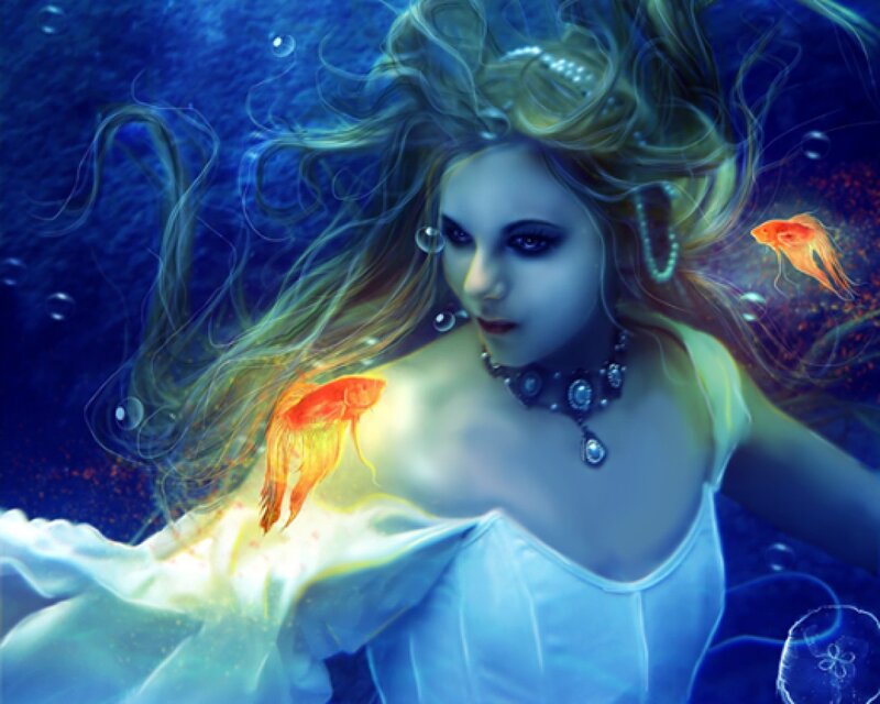 Mermaid with Goldfish — Blue, Serene
