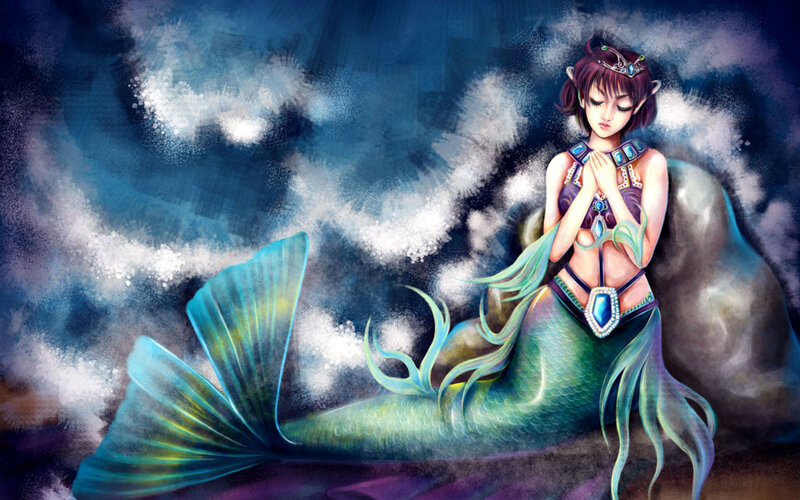 Mermaid with Green Tail — Blue, Dramatic