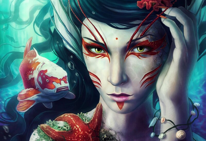 Mermaid with Koi Fish — Blue, Serene, Digital Art