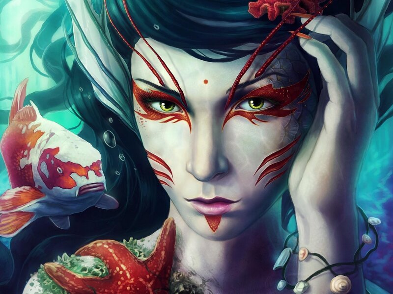 Mermaid with Koi Fish — Blue, Serene