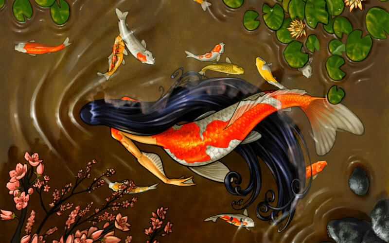 Mermaid with Koi Fish — Brown