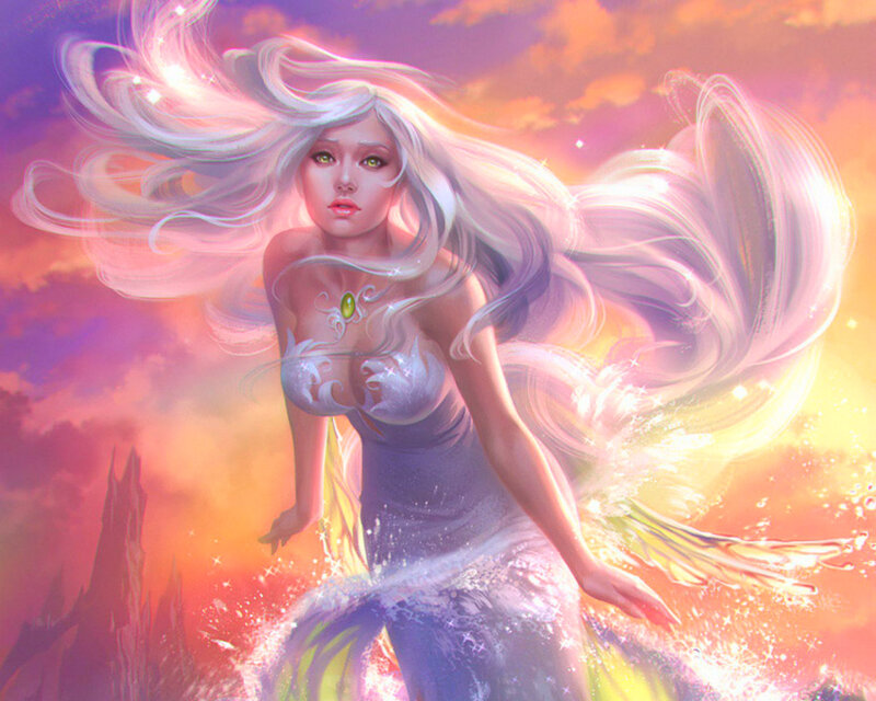 Mermaid with Long Hair — Purple, Dramatic, Sunset