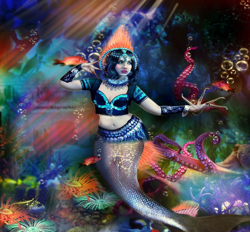 Mermaid with Octopus — Blue, Dramatic