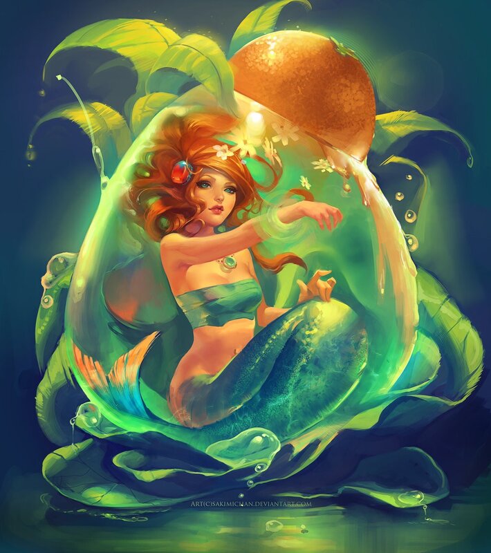 mermaid with orange and leaves