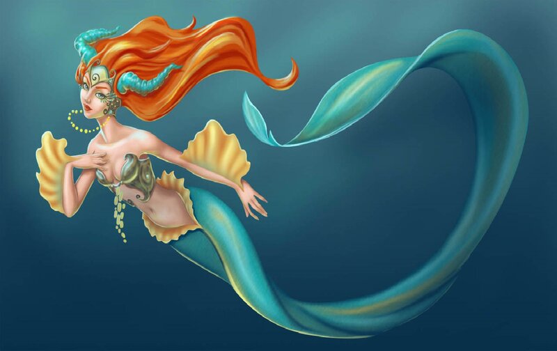 Mermaid with Orange Hair — Blue, Serene