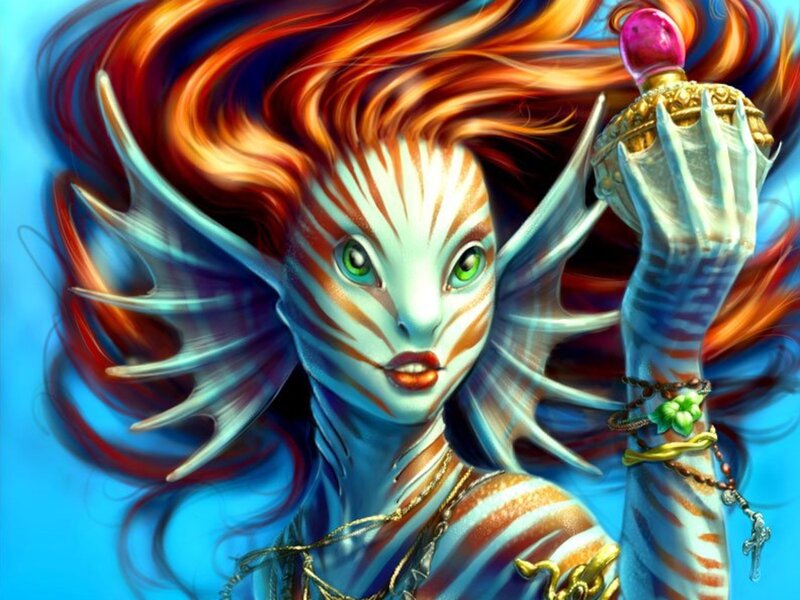 Mermaid with Red Hair — Blue, Dramatic, Digital Art