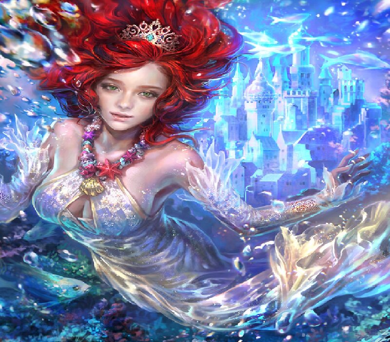 Mermaid with Red Hair — Blue, Serene, Digital Art, Castle