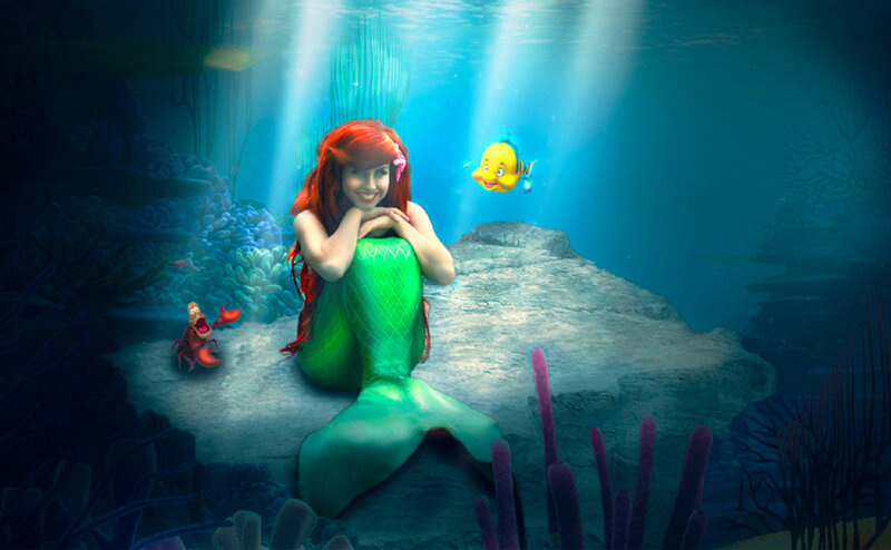 Mermaid with Red Hair — Blue, Serene, Digital Art, Fish, Crab