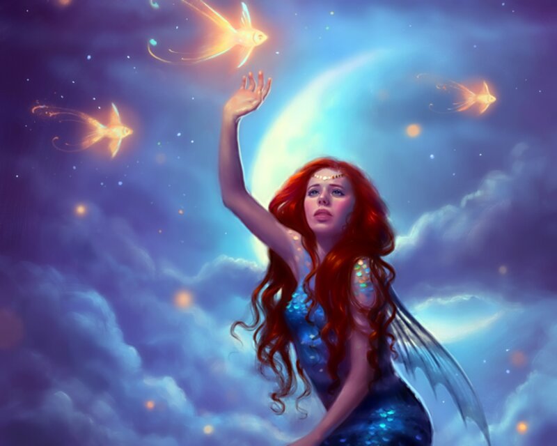 Mermaid with Red Hair — Blue, Serene, Night, Digital Art, Fish