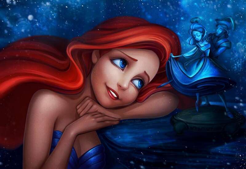 Mermaid with Red Hair — Blue, Serene, Night, Digital Art