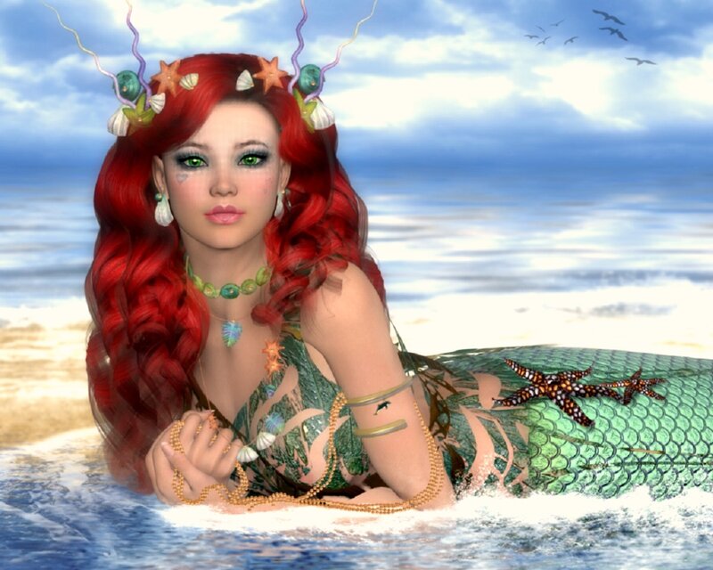 Mermaid with Red Hair — Serene, Afternoon, Digital Art