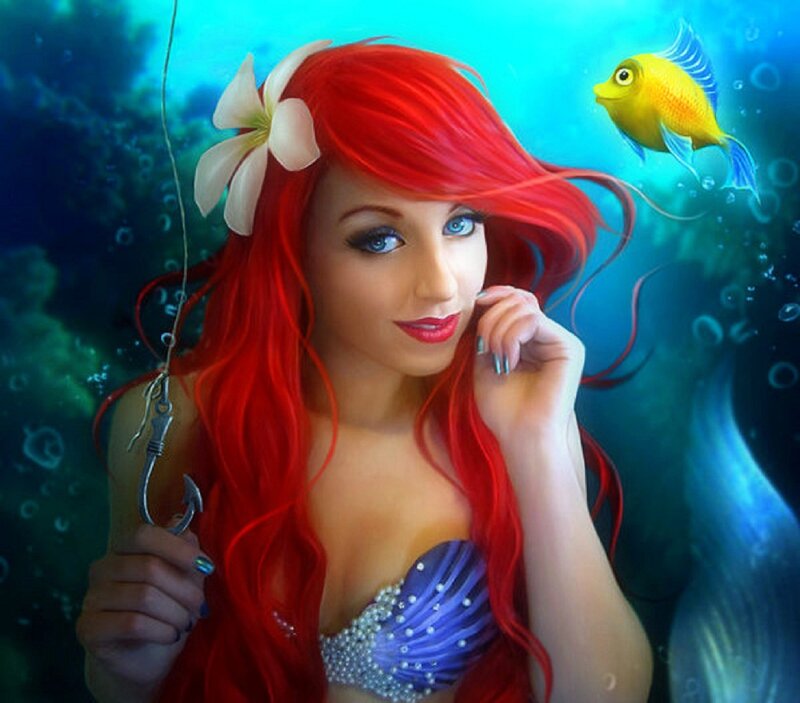 Mermaid with Red Hair — Serene, Digital Art, Fish, Flower