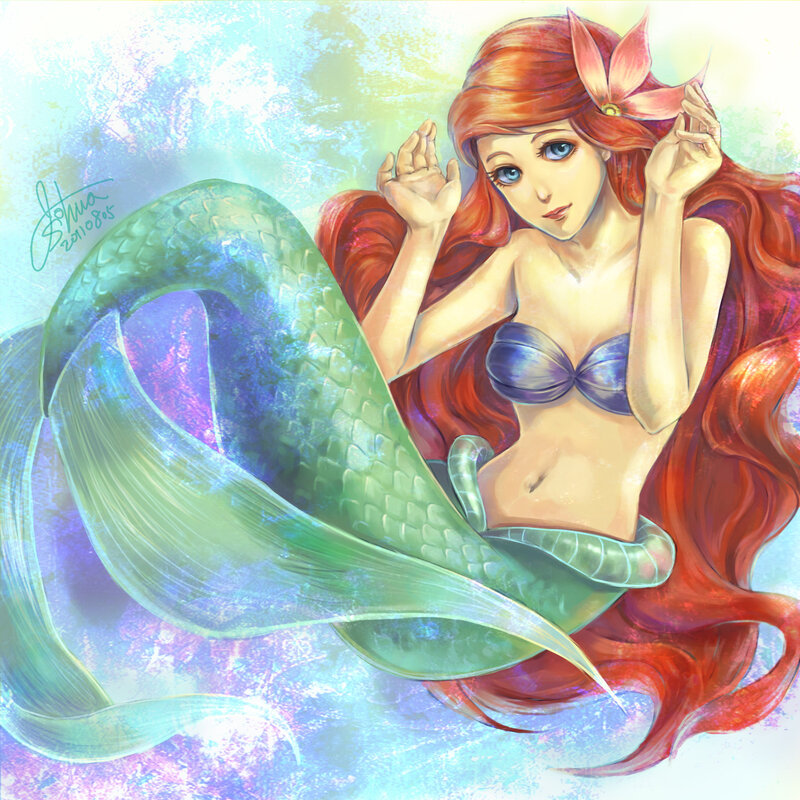 Mermaid with Red Hair — Serene, Digital Art, Flower, Tail