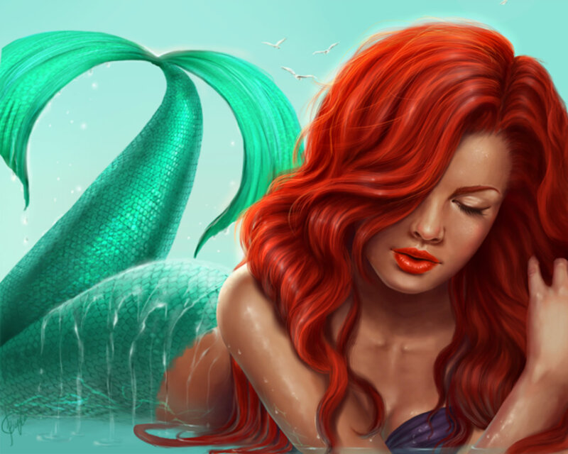 Mermaid with Red Hair — Serene, Digital Art, Green Tail