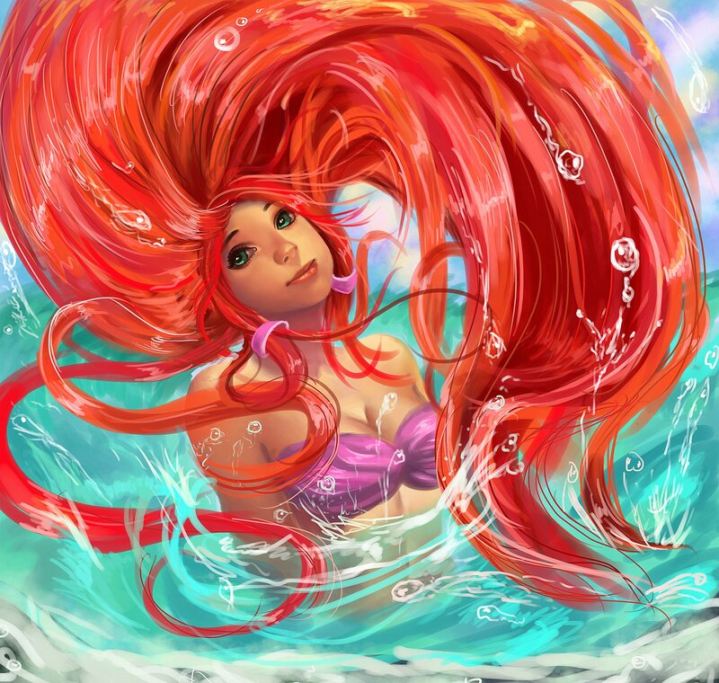 Mermaid with Red Hair — Serene, Digital Art, Purple Top