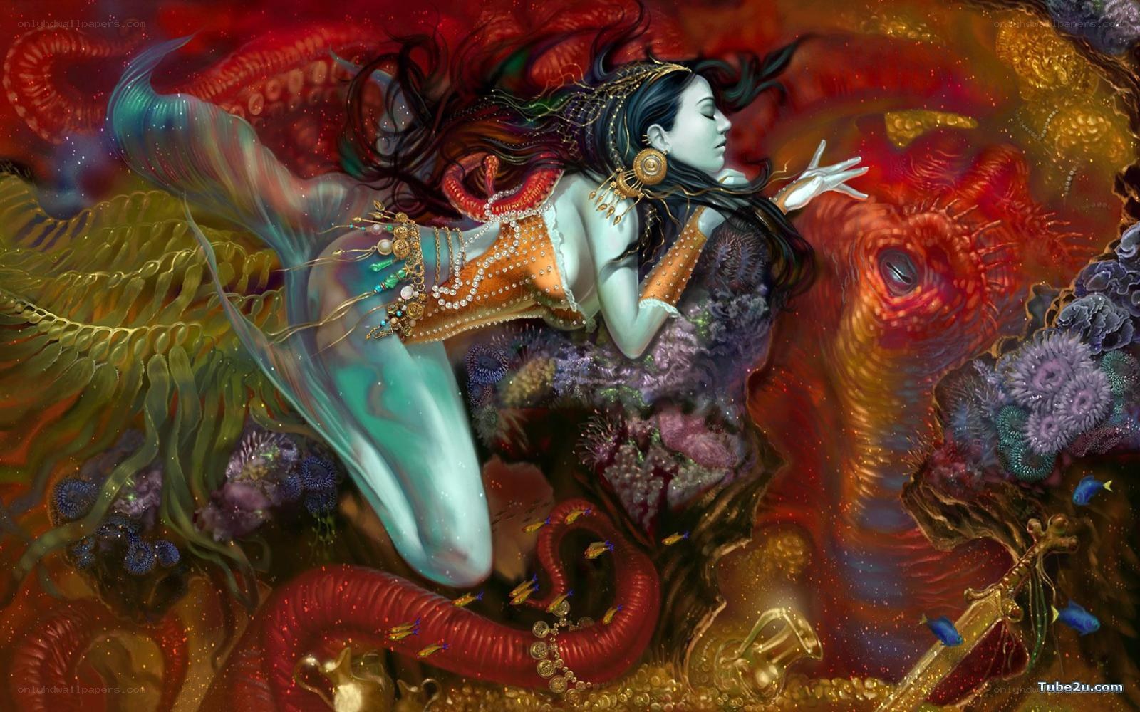 mermaid with sea creatures