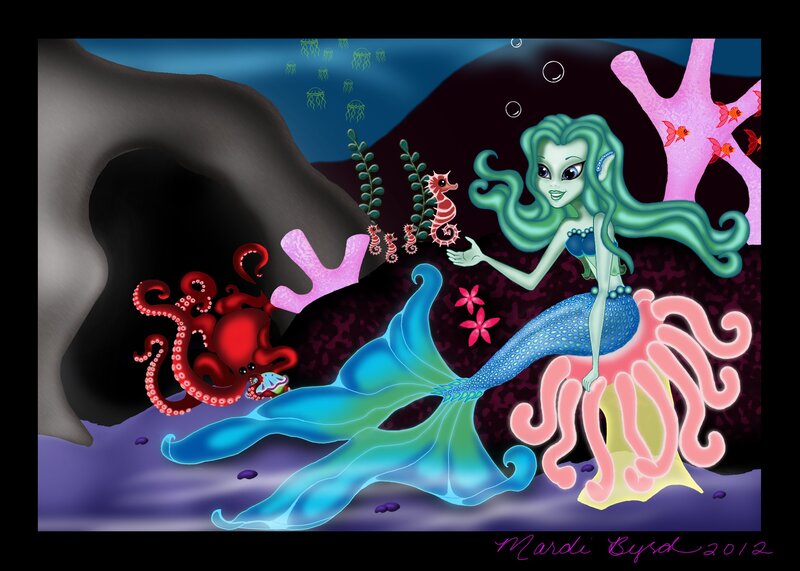 Mermaid with Sea Creatures — Blue, Serene, Night