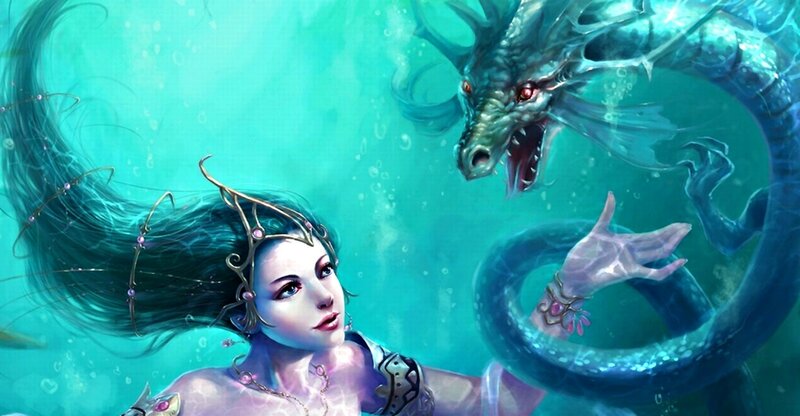 Mermaid with Sea Dragon — Teal, Dramatic