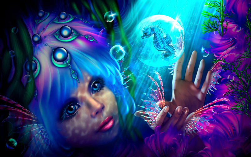 Mermaid with Seahorse — Blue, Fantasy
