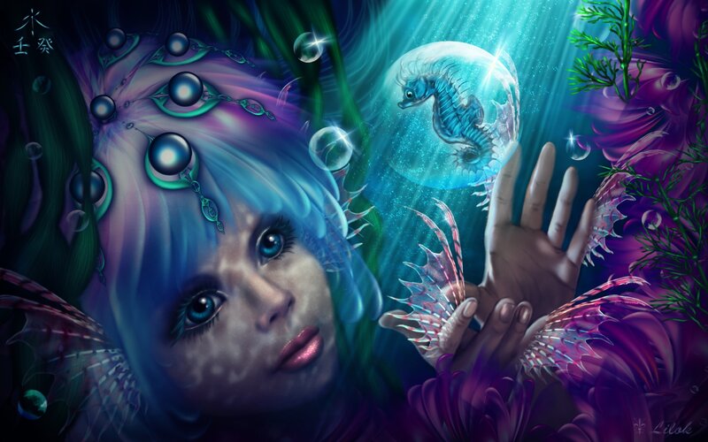Mermaid with Seahorse — Blue, Serene