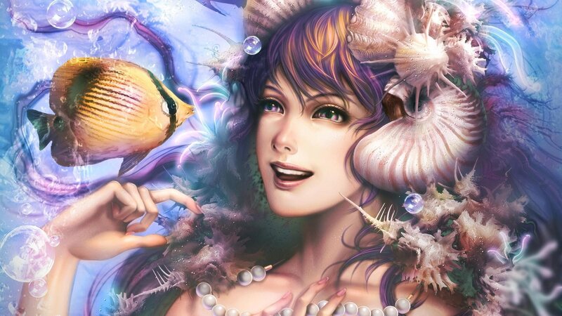 mermaid with seashells and fish