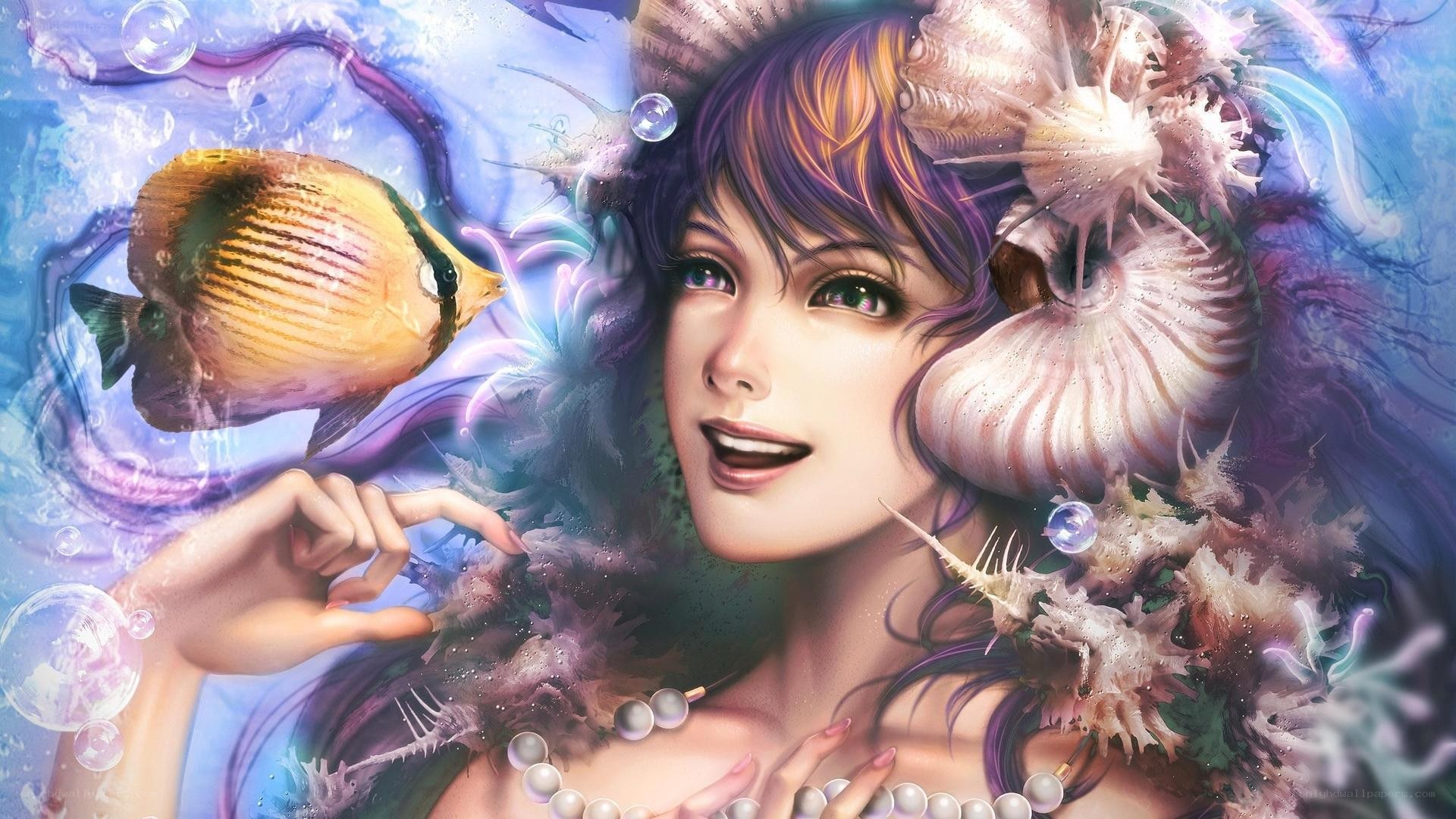 mermaid with seashells and fish