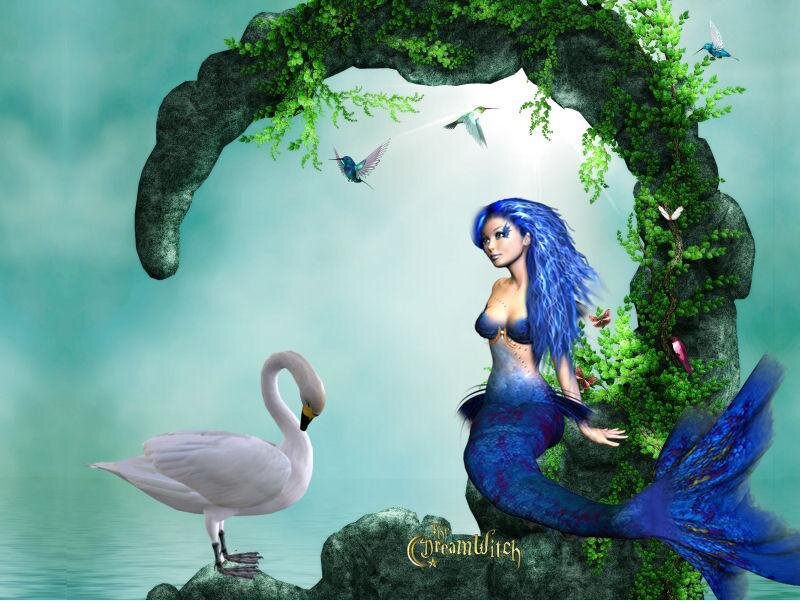 mermaid with swan and birds