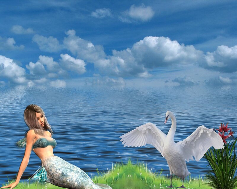 Mermaid with Swan — Blue