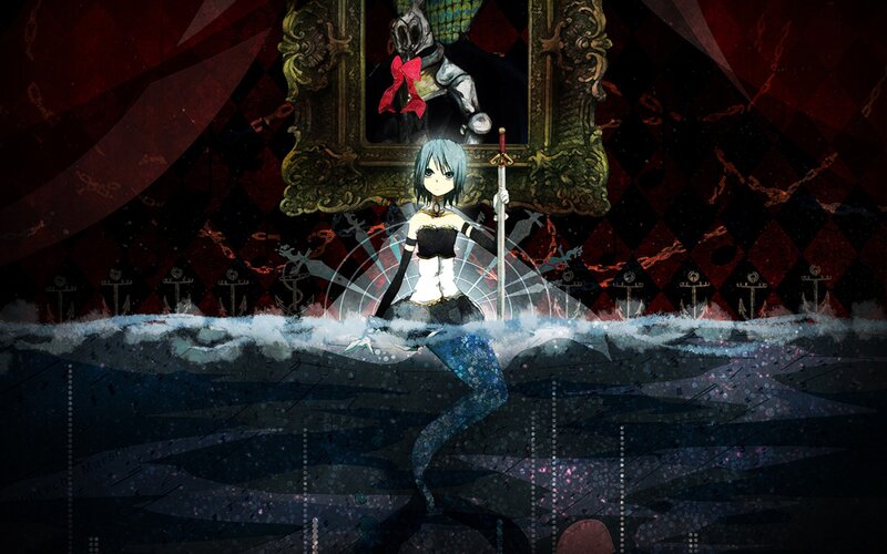 mermaid with sword in dark room