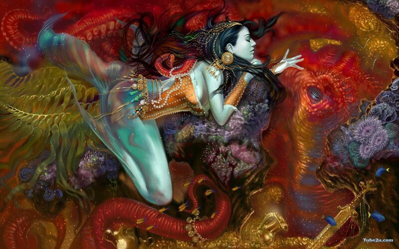 Mermaid with Tentacles — Red, Dramatic, Digital Art, Coral, Fish, Jewelry