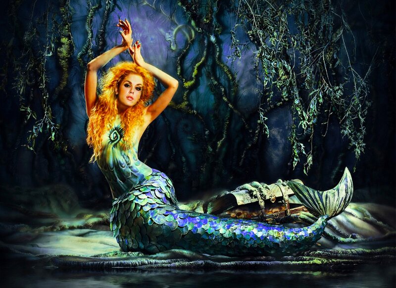 Mermaid with Treasure Chest — Blue, Dramatic