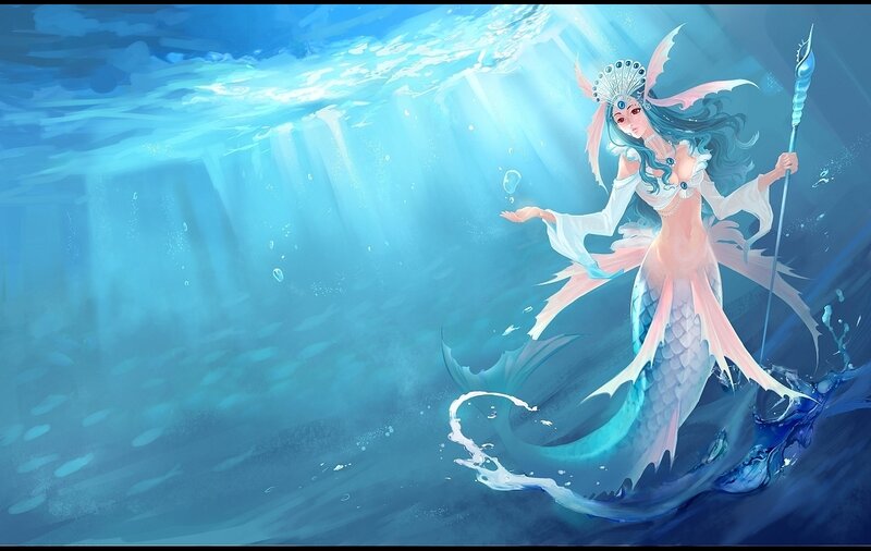 Mermaid with Trident — Blue, Serene, Digital Art
