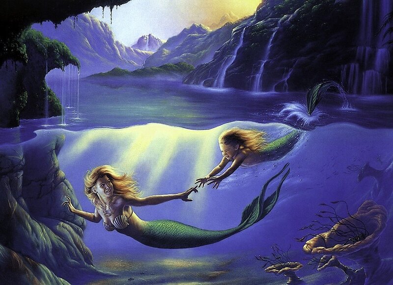 mermaids in a cave lake