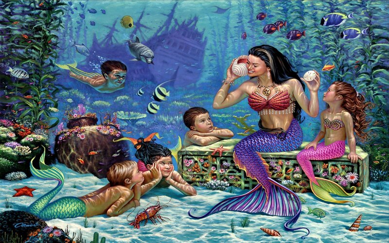 Mermaids Underwater — Blue, Playful