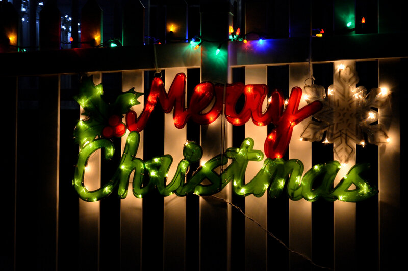 Merry Christmas Sign — Red, Festive, Night