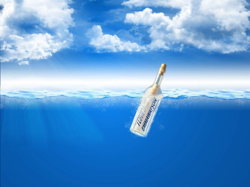 Message in a Bottle — Blue, Serene, Afternoon, Digital Art, Water