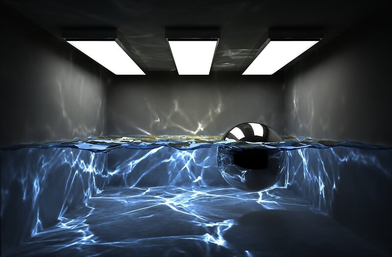 Metal ball in underwater room