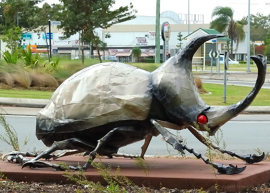Metal beetle sculpture on display