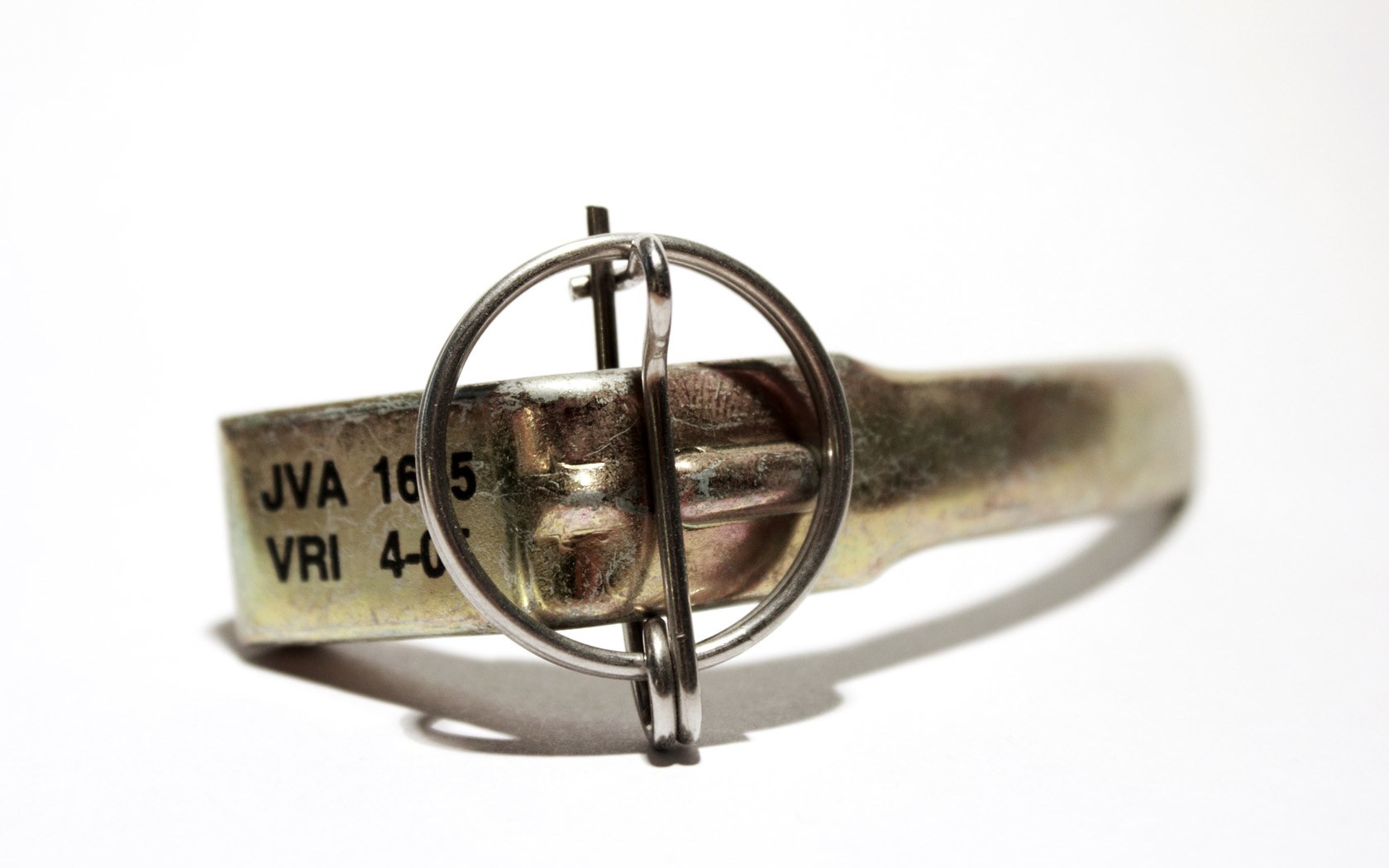 metal buckle with stamped markings