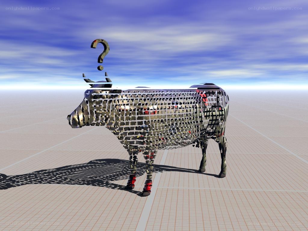 metal cow sculpture with question mark