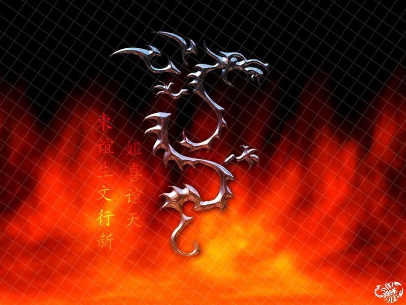 Metal dragon on fiery background