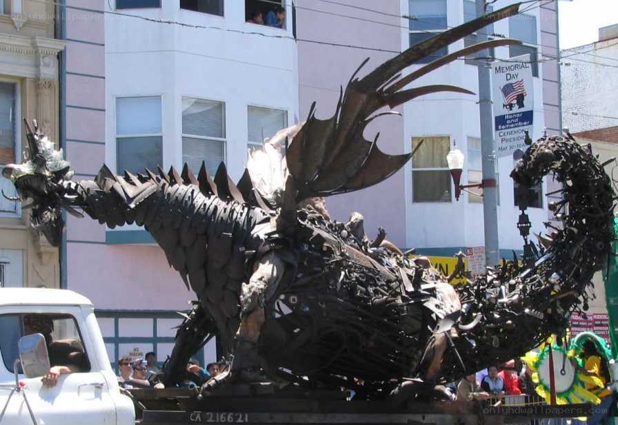 Metal dragon sculpture in parade