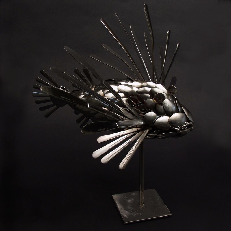 Metal Fish Sculpture — Black, Dramatic
