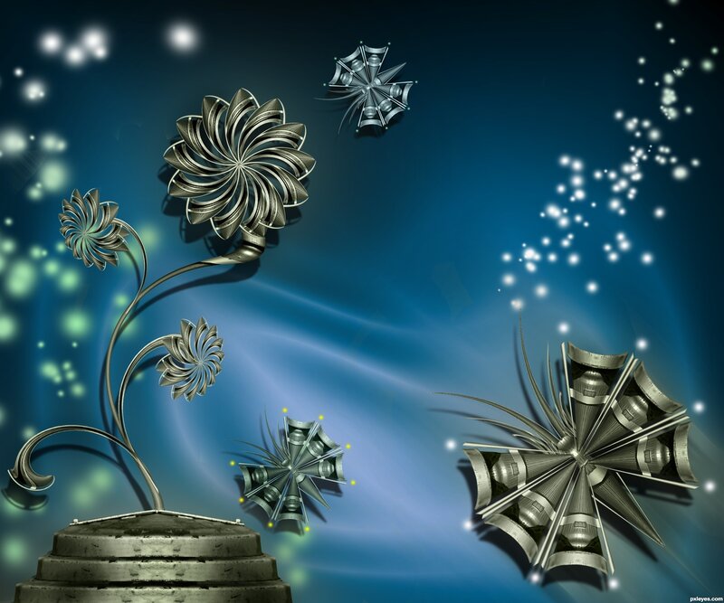 Metal Flowers on Blue Background